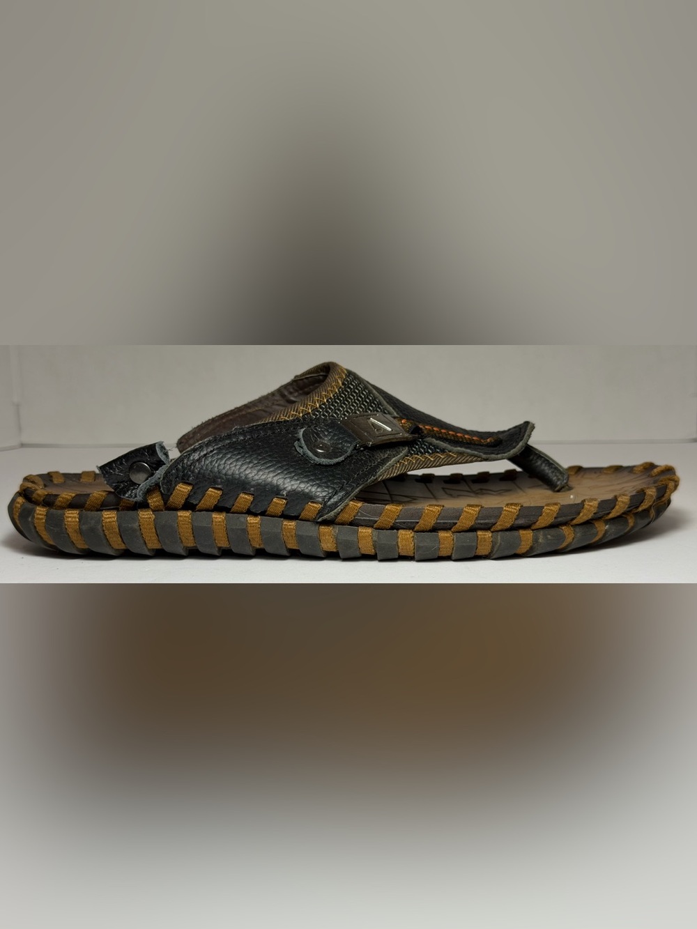 Premium Men's Leather Sandals - Rugged Whipstitch Thong Slippers - Size 9 / 42